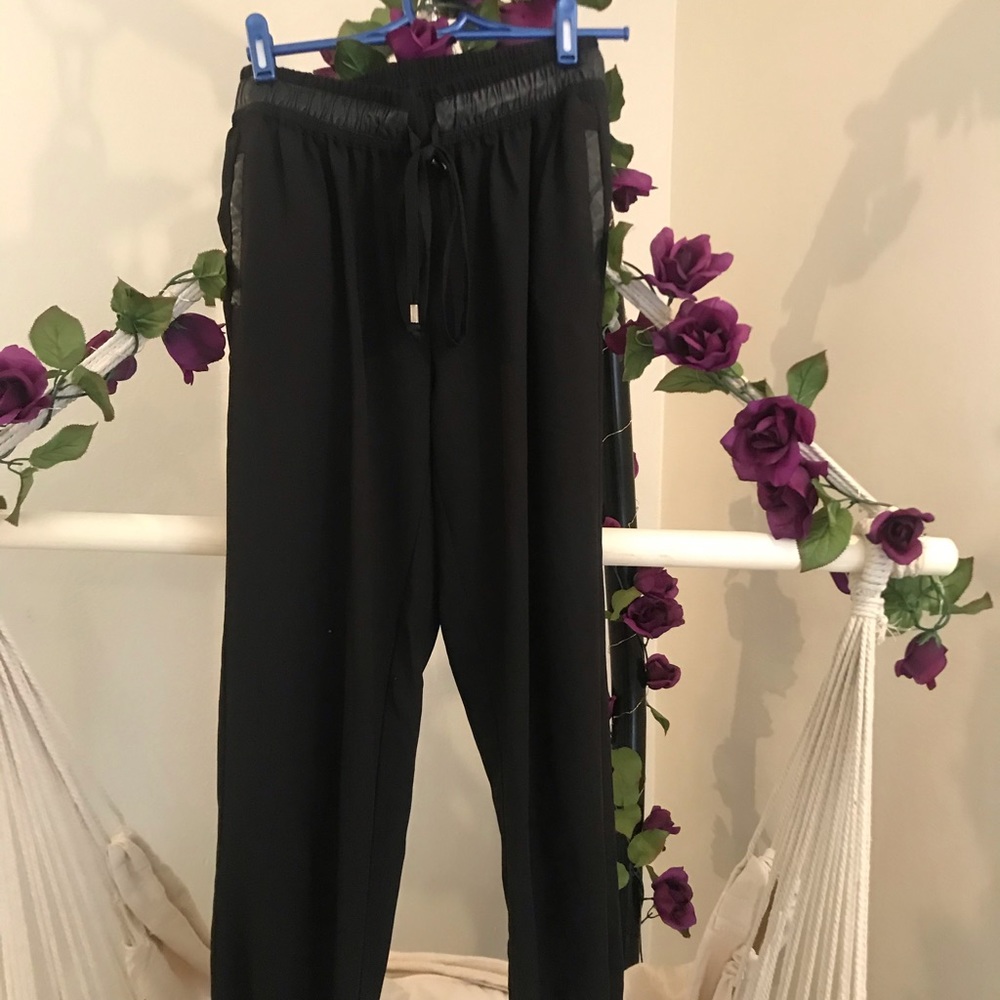 Black fashion track pants with pleather stripes